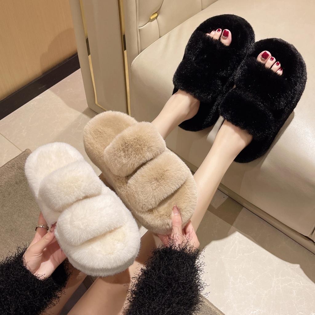 8Cm warm fluffy double strip versatile one-word slippers women's thickened fashion manufacturer round head flat-bottomed cotton slippers