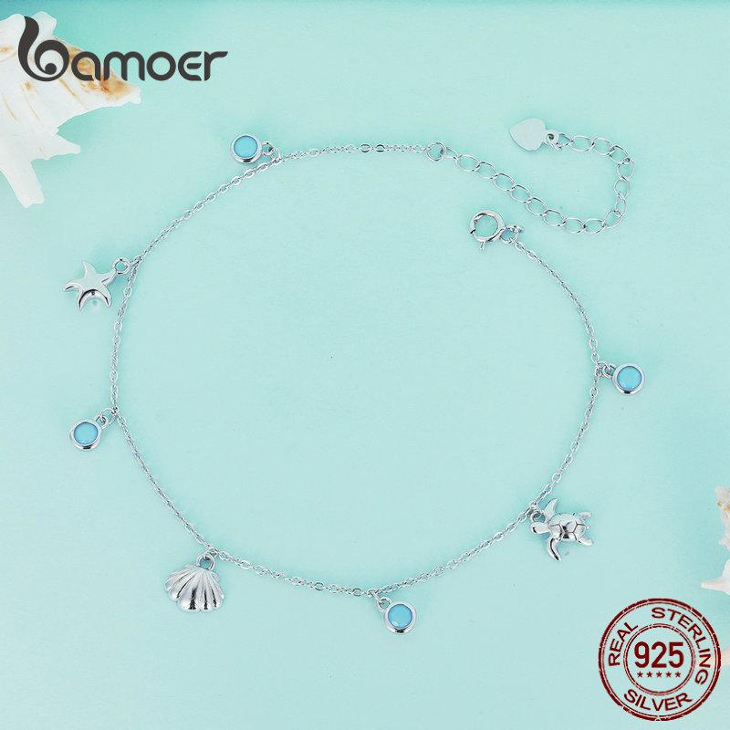 BAMOER 925 Sterling Silver Seastar and Shell Pendant Anklet Simple Chain Foot Jewelry for Women Platinum Plated Summer Jewelry