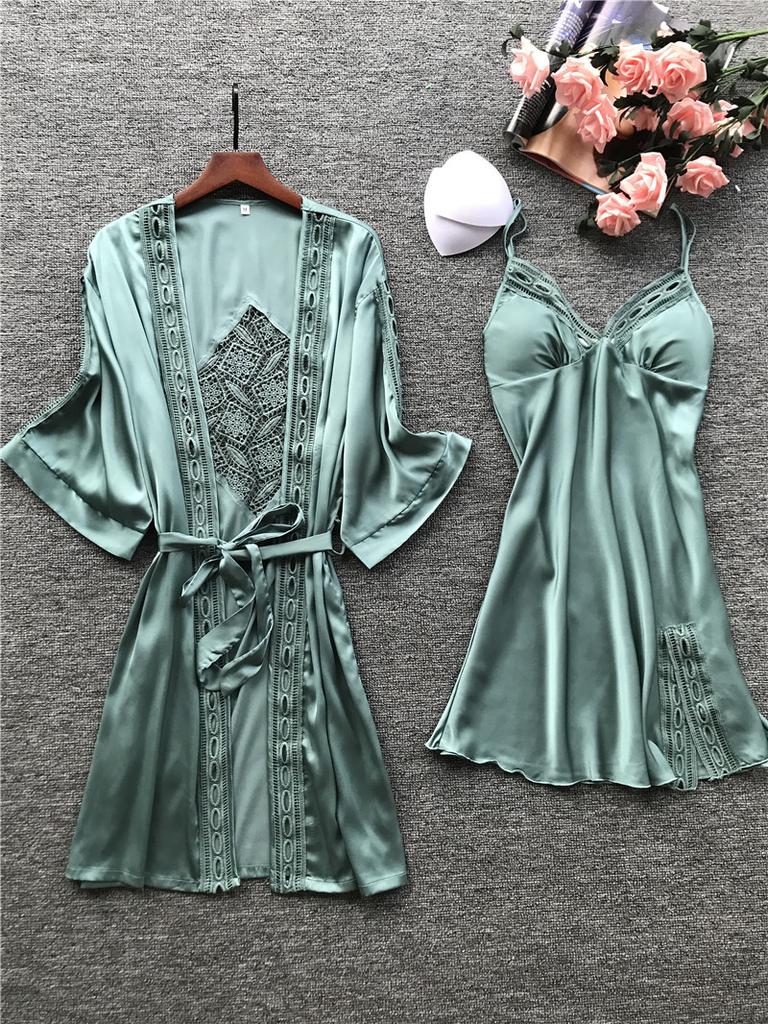 MAITA Sexy Sling Pajamas In Spring, Women's Nightgown with Chest Pad, Ice Silk Long-sleeved Pajamas, Two-piece Suit, Home Clothes