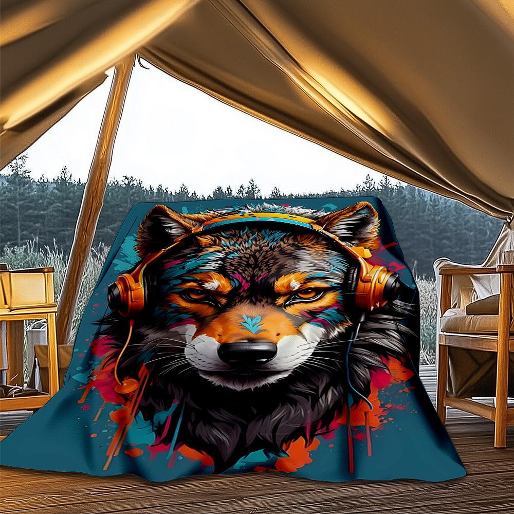 1pc Colorful Wolf Throw Blanket Polyester Fiber, Lightweight Flannel, Soft & Warm, All Season Use for Outdoor, Camping Digital Print