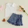 Citgeett Summer Kids Toddler Baby Girl Outfit Sleeveless Lapel Collar Solid Color Ribbed Vest Tops Denim Skirt Clothes Set