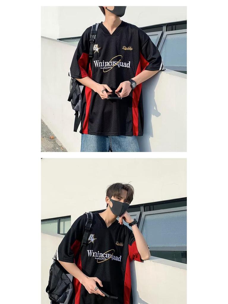Men's V-Neck Motorcycle Style Embroidered Hip-hop Jersey