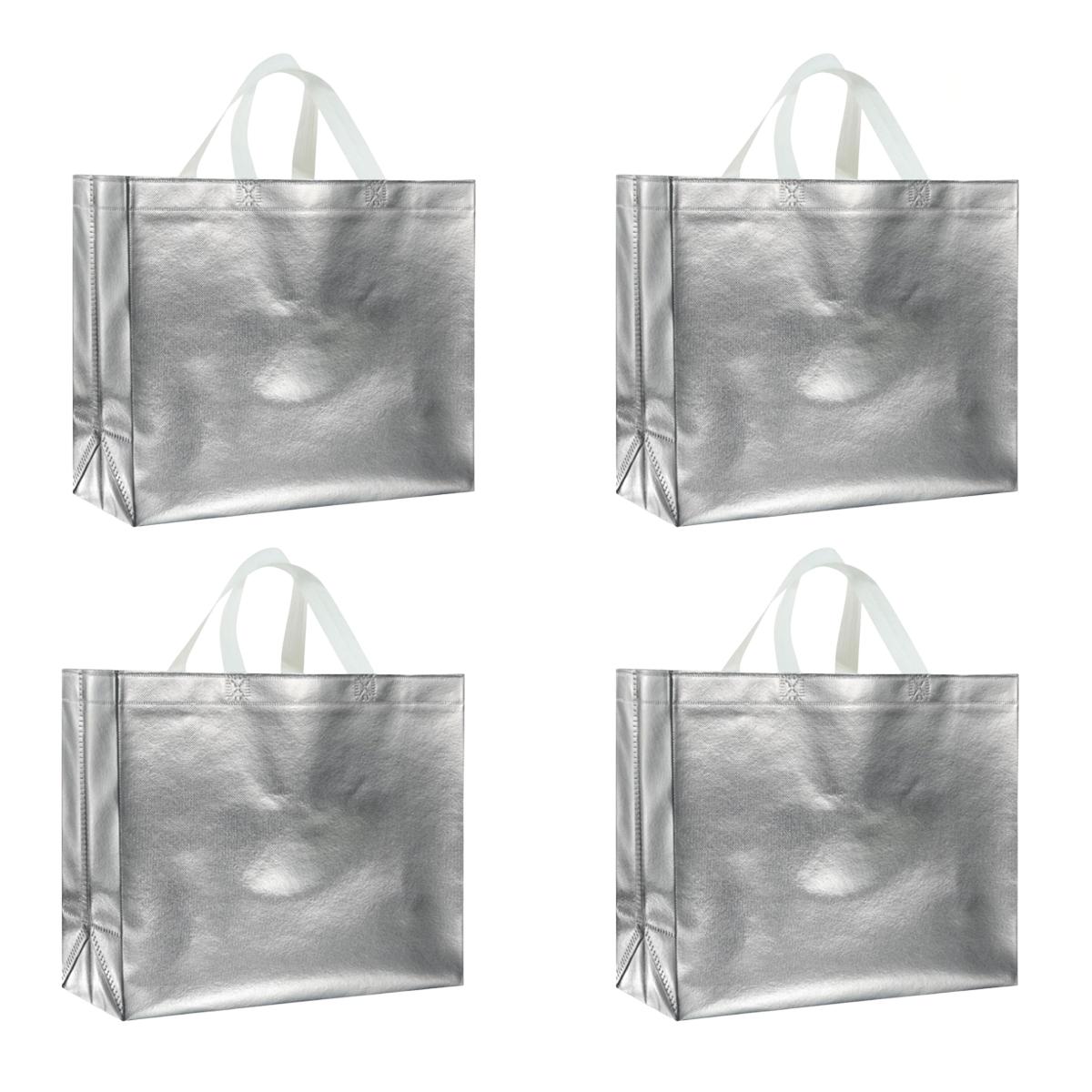 

4/6/8 PCS Silver Reusable Tote Bags – Elegant Metallic Gift Bags with Handles for Bridesmaid Wedding & Grocery Shopping 32x28x12cm