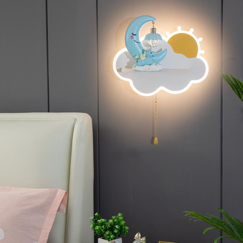 Nordic Ins Creative Astronaut Moon Clouds Led Wall Lamp With Pull Switch Kids Bedroom Bedside Study Night Lights Art Home Deco