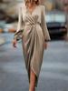 Elegant 2024 Cross-Neck Pleated Slit Dress with Puff Sleeves