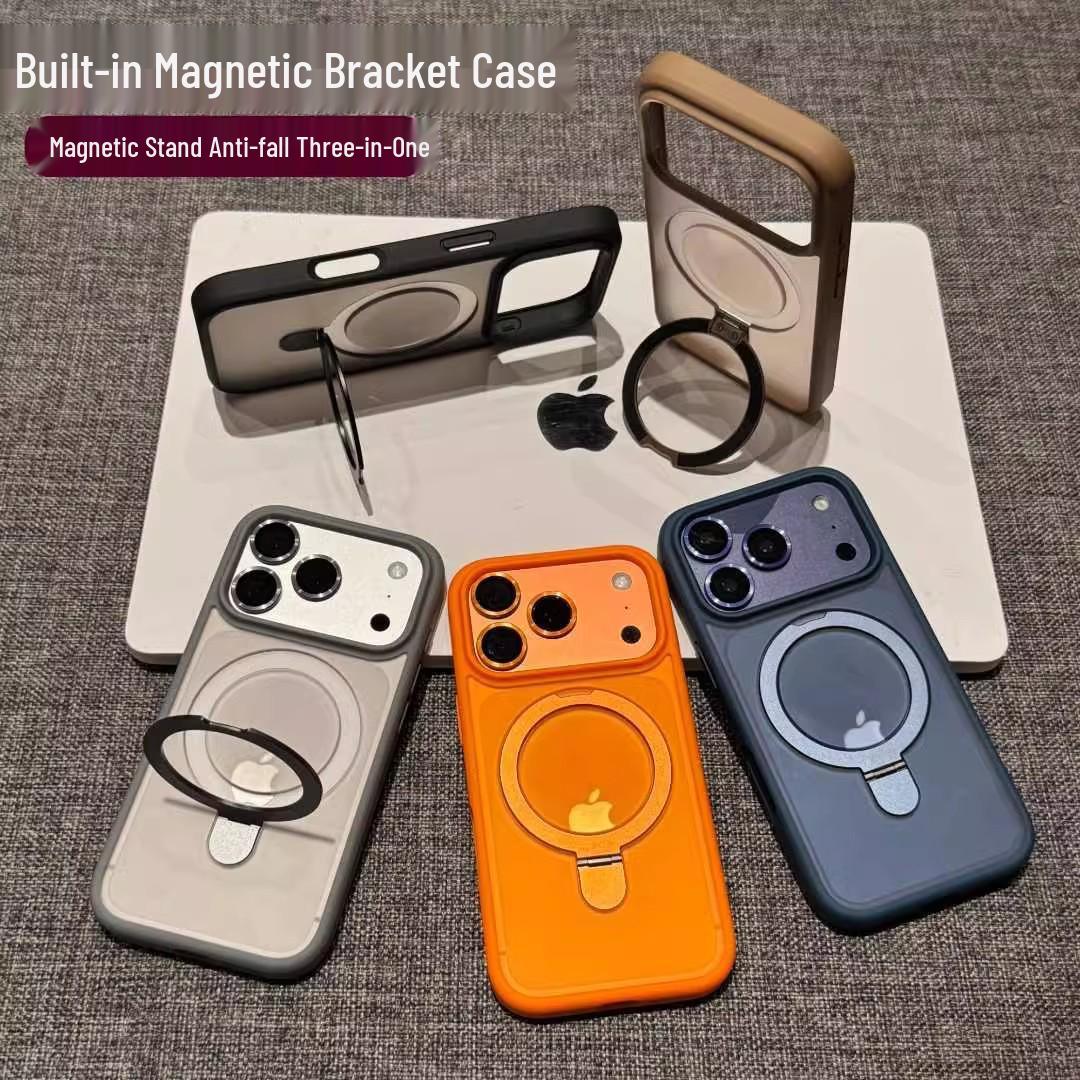 Frosted Magnetic Bracket Case with Built-in Lens Protector for iPhone 17 Pro Max iPhone 14 Pro Max