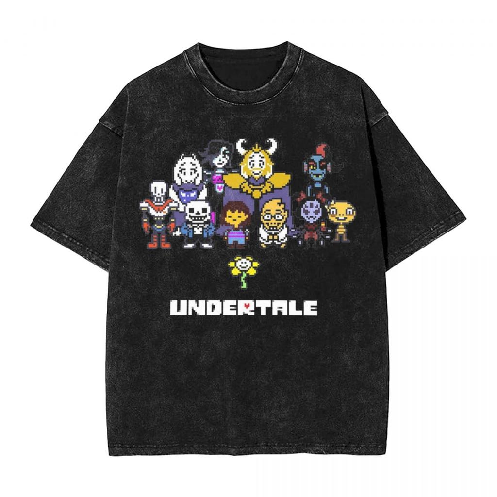Washed Cartoon T Shirts Undertale Dog Pocket Graphic TShirts Cotton Loose Streetwear Short Sleeve Tee Shirt Men Women Clothing
