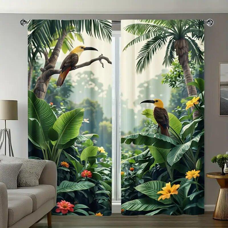 2pcs - Tropical Rainforest  Print Curtains   Pole Bag Curtains   Home Decoration   Room Decoration
