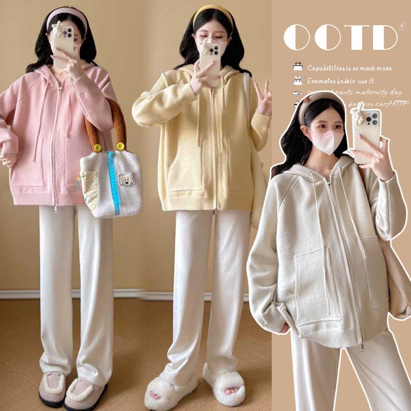 

2025 High-Quality Maternity Autumn/Winter Hooded Knit Cardigan: Stylish, Loose, Slimming, and Age-Reducing Outerwear L розовый