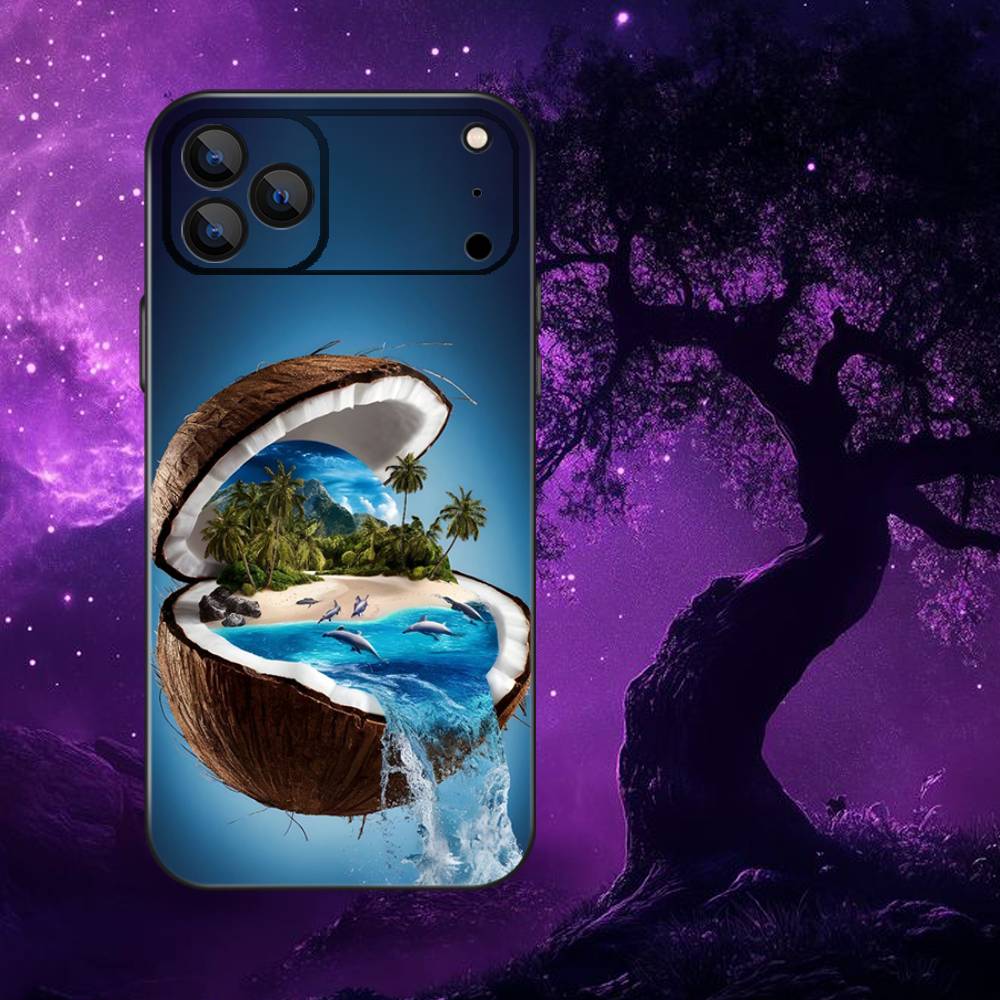 Coconut Fruits Tropical Phone Case For iPhone 17,16,15,14,13,12,11,Pro,Max,Plus,E,SE4,Air,Mini Black Soft Funda