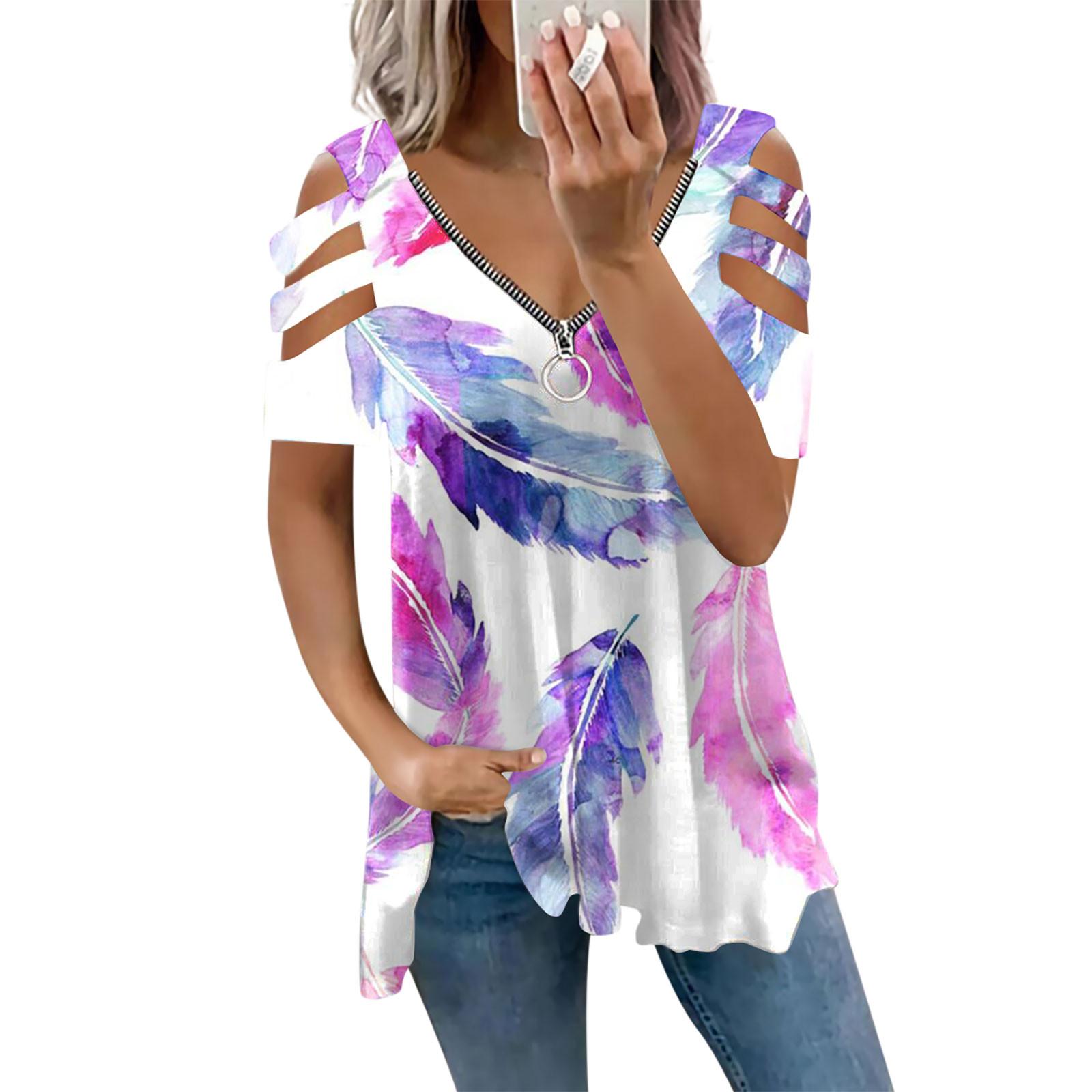 

(SU)Женская мода повседневная футболка с короткими рукавами и открытыми плечами с v-образным вырезом и застежкой-молнией Топ