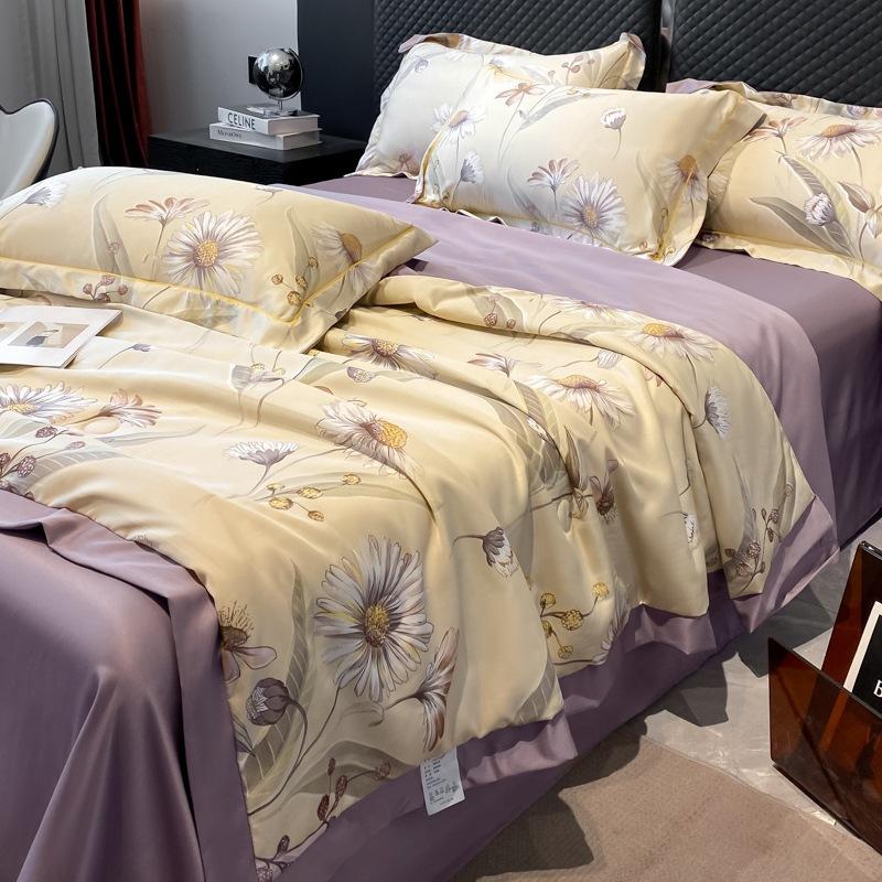 Summer Cool Tencel Quilt Set 4 Piece Includes Summer Blanket Bed Sheet Two Pillowcases Silk Lightweight Quilt For Double Twin Size