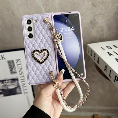 PU Leather Love Pearl Bracelet Strap Case for Samsung Galaxy Z Fold 3 4 5 Flip 3 4 5 Cover Z Fold 5 4 3 Fold5 Fold4 Fold3 Case