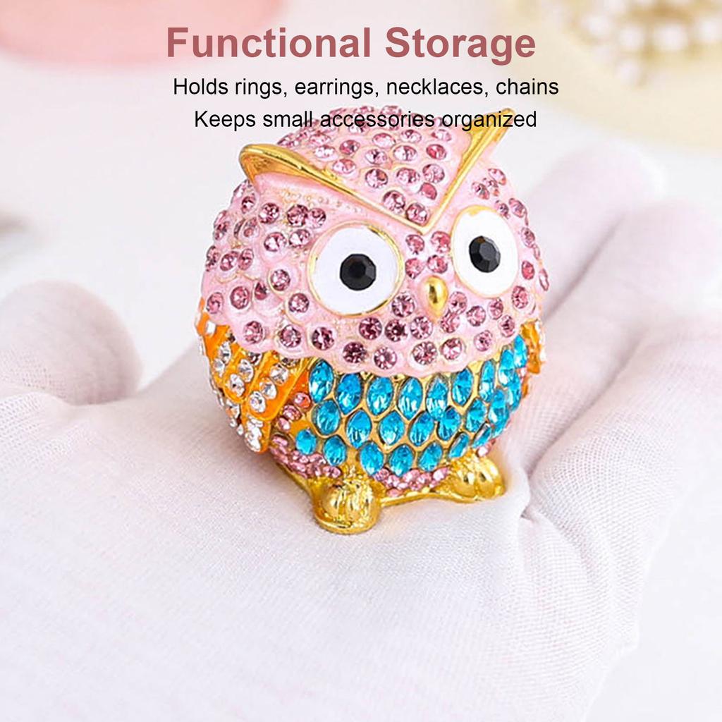 Owl Trinket Box Enameled Collectible Animal Figurine Jewelry Box Ring Holder Zinc Alloy Sparkling Rhinestone for Earrings Necklace