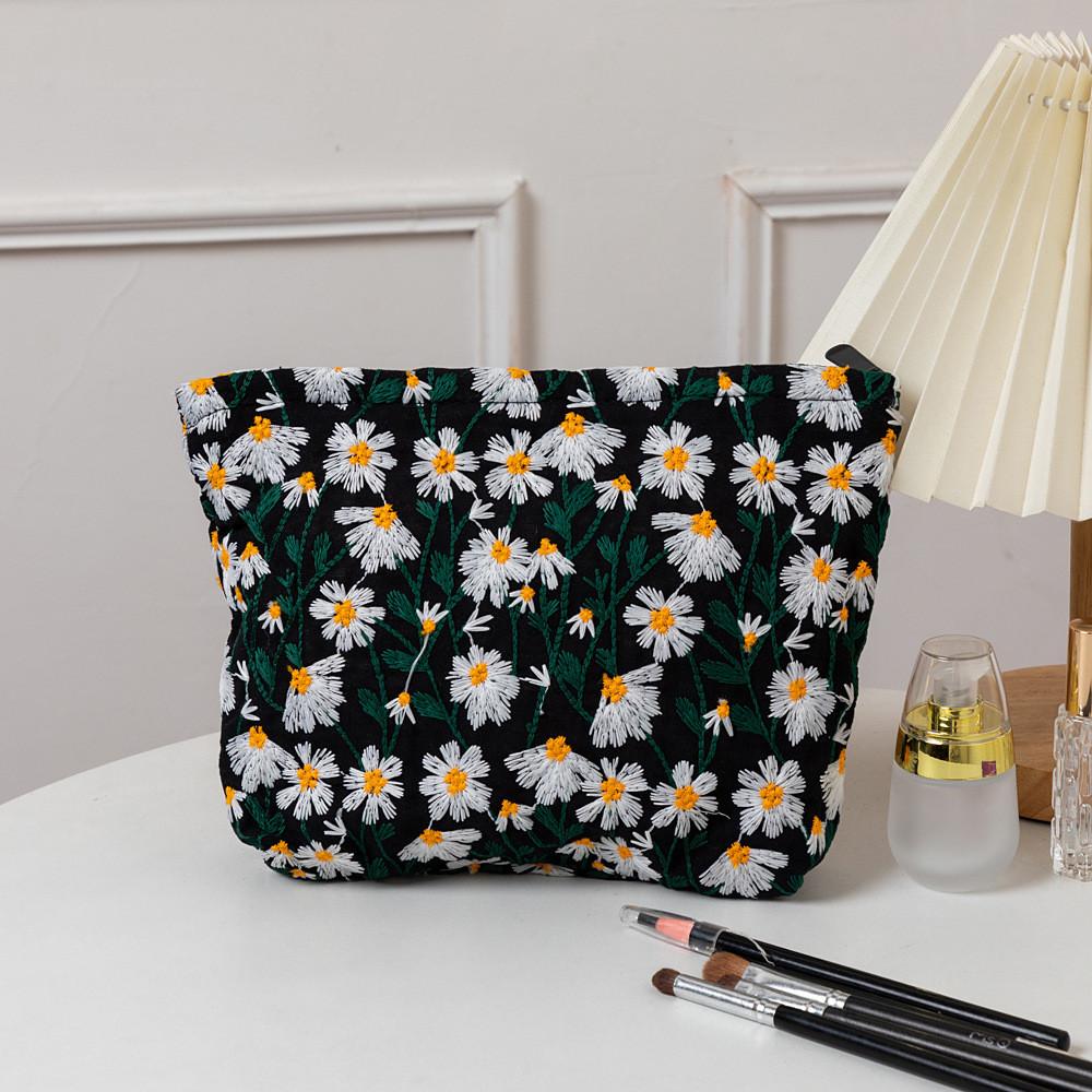 Canvas Embroidery Cosmetic Bag With Floral Pattern For Travel And Home Use