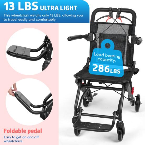 Aluminum Alloy Foldable Wheelchair with Flip-up Armrest, Portable Transport Chair, 286lbs Capacity