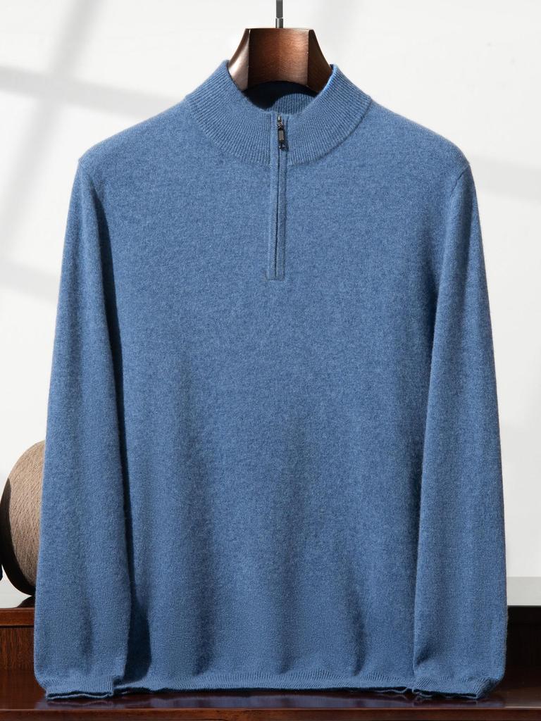 Eleganter Herren-Halbreißverschluss-Kaschmirpullover, einfarbige Strickware mit Stehkragen, Business Casual Pullover