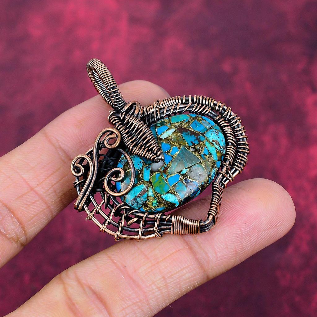 Copper Chrysocolla Gemstone Pendant Handmade Jewelry Copper Wire Wrapped Pendant