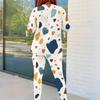 Women Plus Size Cream White Printed Round Neck Long Sleeve Top And Fitted Pants Two Piece Set
