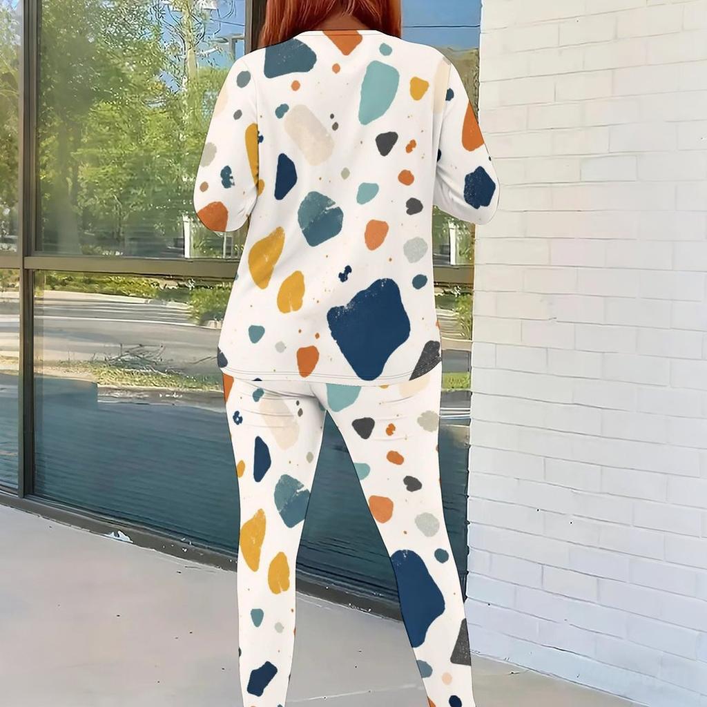 Women Plus Size Cream White Printed Round Neck Long Sleeve Top And Fitted Pants Two Piece Set