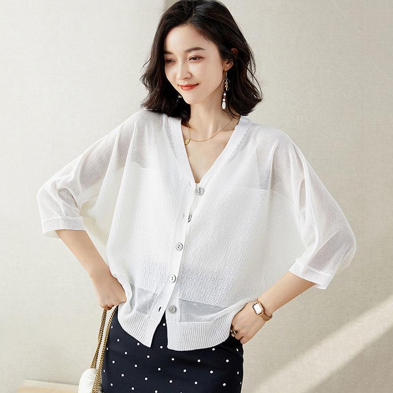 Women V Neck Patchwork Knit Cardigan 3/4 Batwing Sleeve Thin Open Front Sun Protection Casual Knitted Outerwear