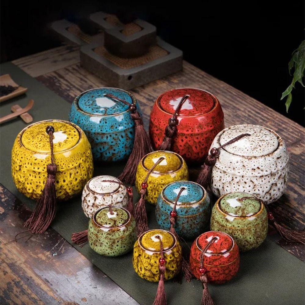 Colorful Tea Jar Ceramic Coffee Canister Retro Sealed Pot  Home Decor