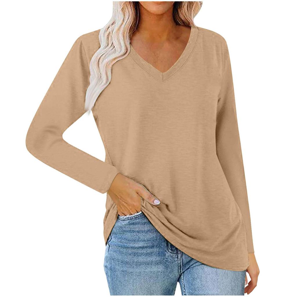 Women's Elegant V-Neck Long Sleeve Casual Loose Top - Solid Color, Spring 2025 Collection