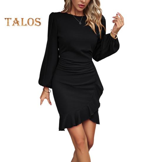 

Женское платье с рукавами-фонариками, неровным подолом, облегающим кроем, неровными оборками, круглым вырезом, плиссированным мини-платьем, платье для выпускного вечера в офисе M чёрный