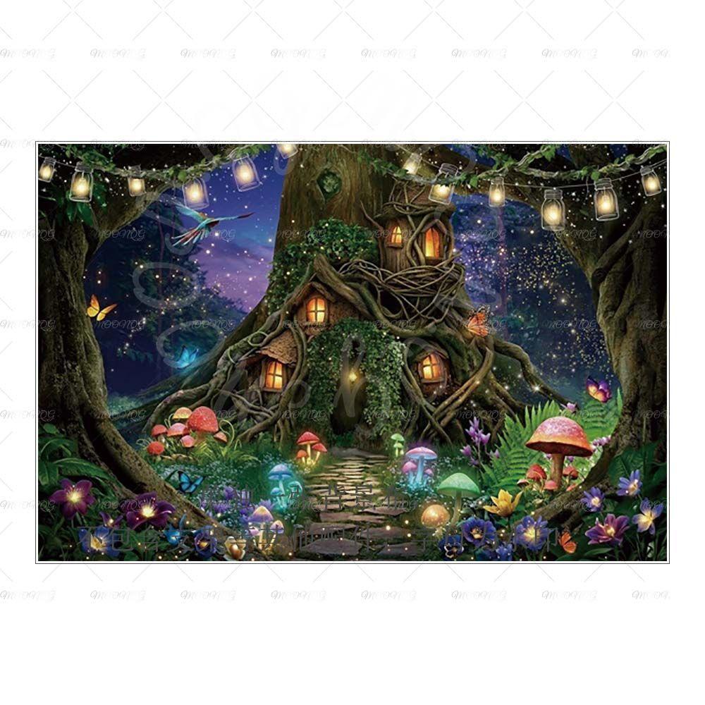 Dreamy Fairy Tale Forest Mushroom House Photography Background Cloth - Children's Birthday Party Decorative Wall Background
