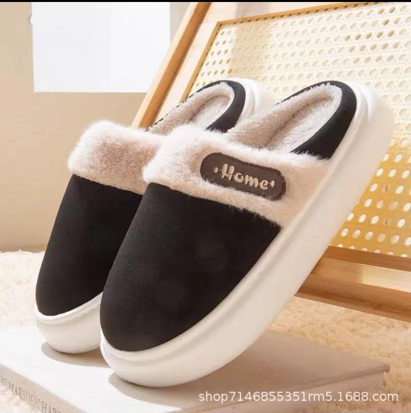 

Fashion Casual Fluffy Slippers Women House Winter Plush Designer Shoes Ladies Flats Home Warm Fashion Elegant Platform Footwear Big Size 36-37 чёрный