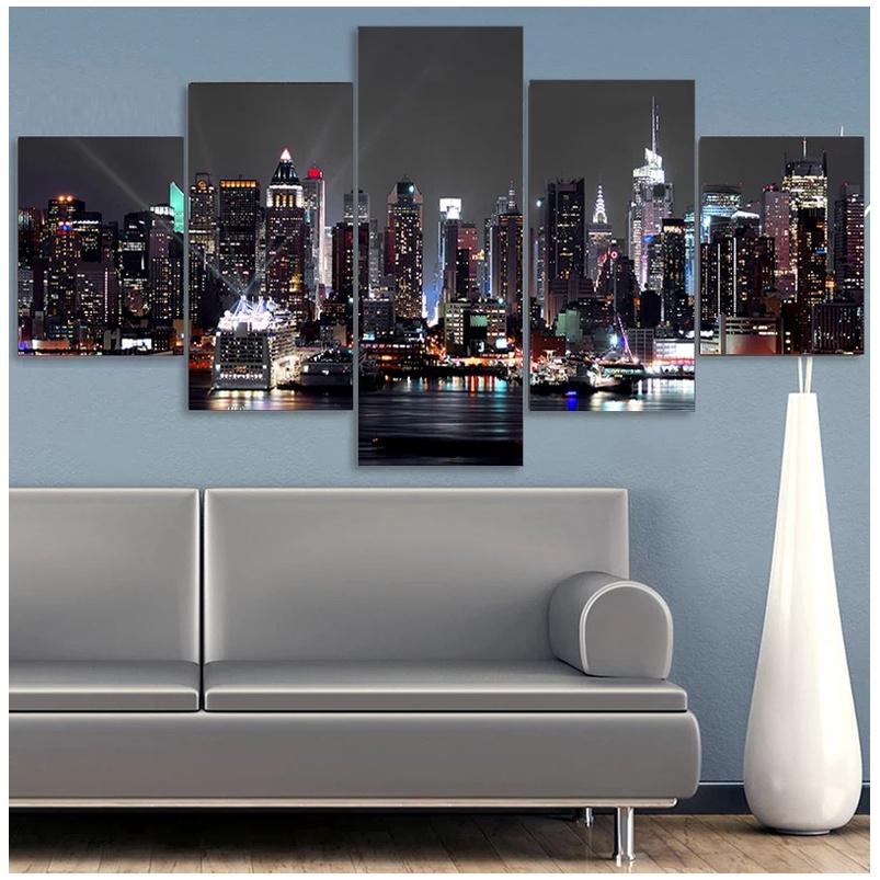 5 Pieces New York City Scenery Pictures Canvas Painting Prints Night View Poster Home Decor Wall Art for Living Room NO FRAME