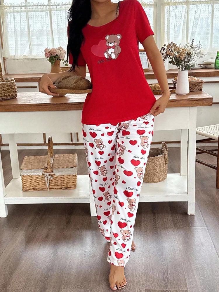 Women'S 2pcs Heart Bear Pajama Set - Cozy Red & Heart Bear Print Long Sleeve Nightgown & Pants with Elastic Waistband, Button-Up Front, Cute Pajamas