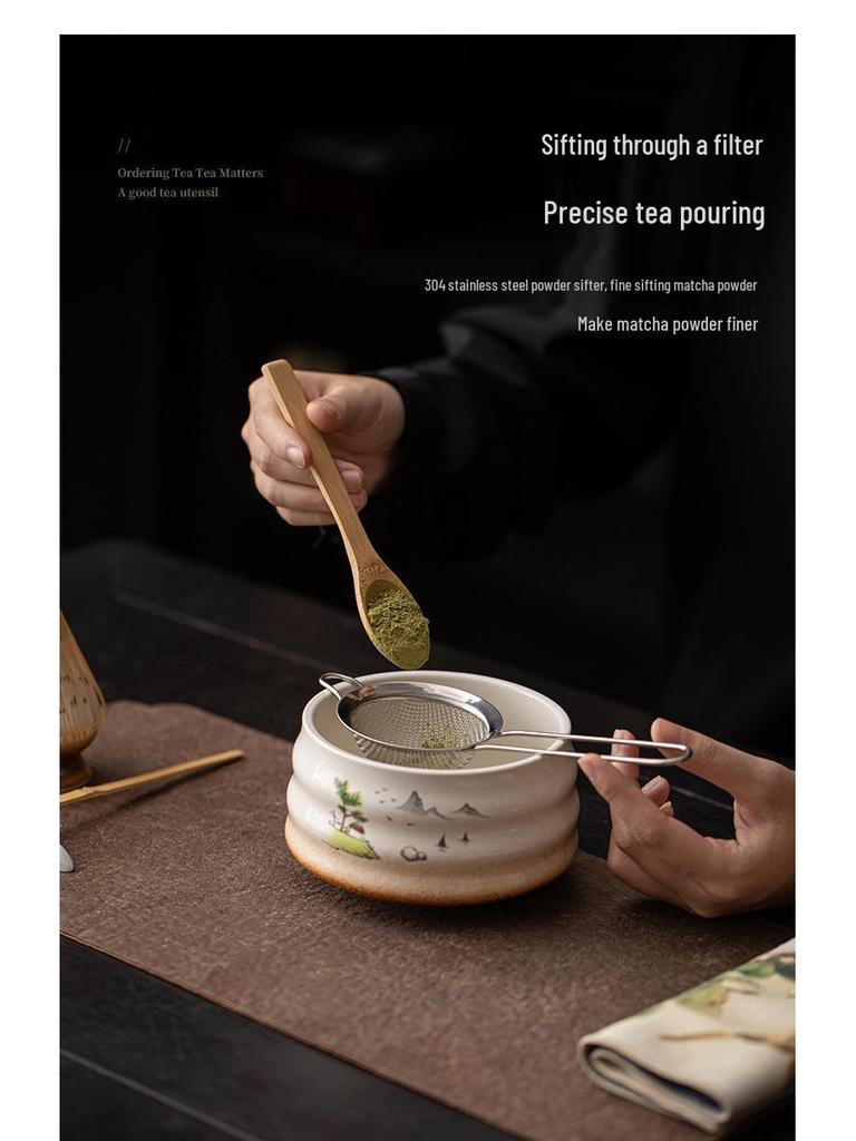Japanese Ceramic Matcha Tea Set: Large Bowl, Whisk, Sieve, and Bamboo Whisk - 8 Pieces