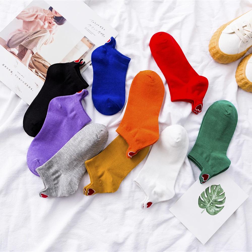 New Women's Summer Spring Cartoon Cotton Funny Embroidery Red Heart Socks Cute Girls Colorful Short Ankle Sokken Dropship