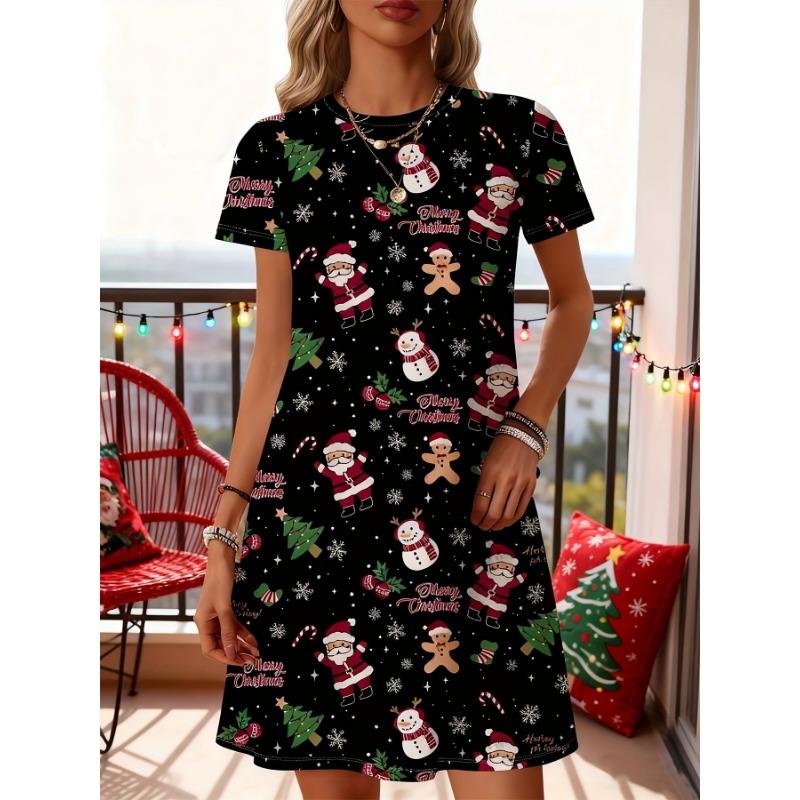 Women Nightdress Round Neck Short Sleeve Spring Summer Dreamy Galaxy Cat Print