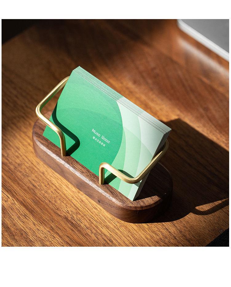 Ovale Massief Houten Visitekaarthouder met Messing Klem - Creatieve Minimalistische Kaartopbergdoos Standaard