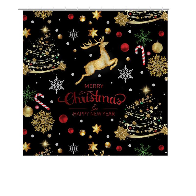 Black Gold Christmas Shower Curtain With Deer And Tree, Elegant Holiday Pattern For A Modern Festive Bathroom Decor