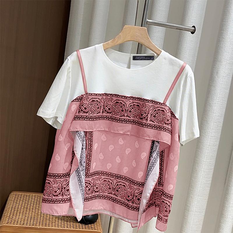 ZANZEA Women Casual Round Neck Print Patchwork Summer Short Sleeve Blouse