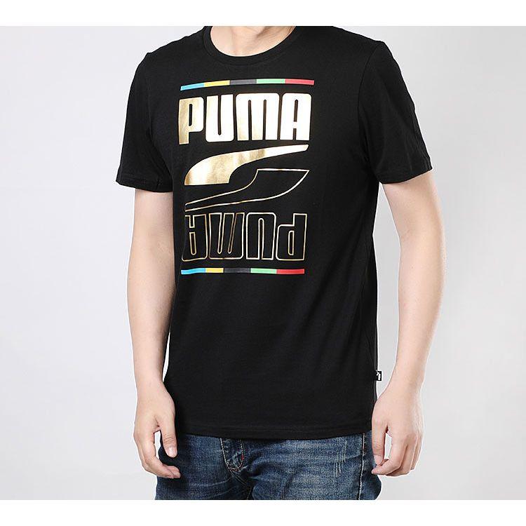 Puma Gold Foil Logo Print Short Sleeve T-Shirt Men Tops Black 586589-01