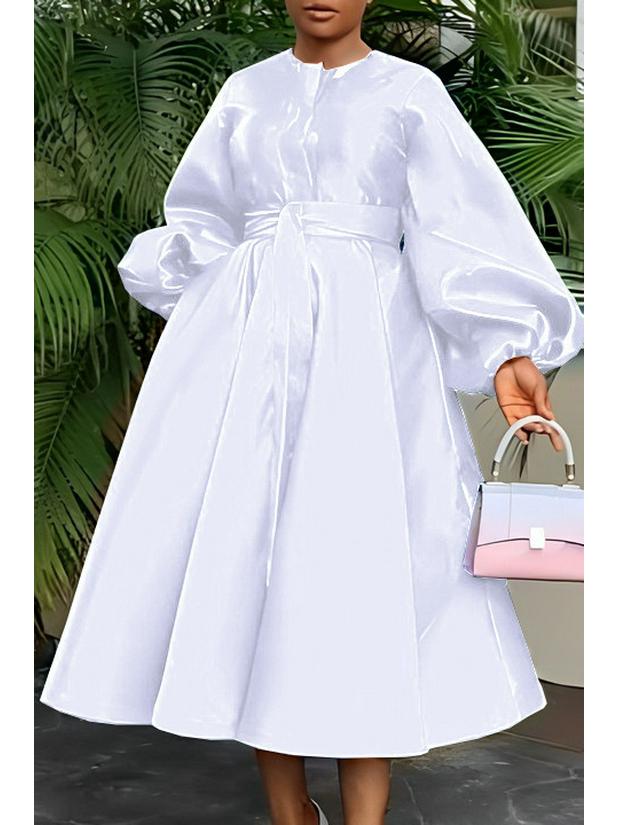 European & American Women's Solid Color Shiny Lantern Sleeve Dress