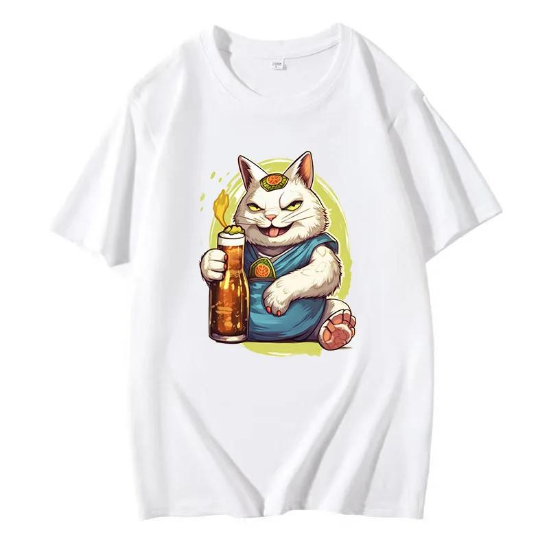 2025 Women Unisex High Quality Cotton Oversized T-shirt Fashion Loose Beer Cat Printed Top Summer Women's Short-sleeved Top Unisex