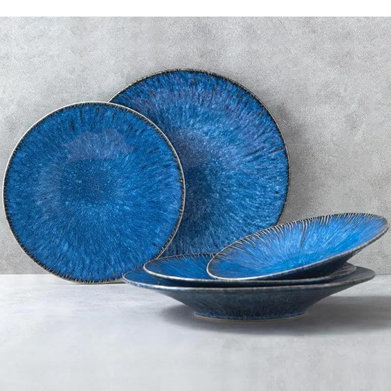 Nordic Blue Ceramic Dinner Plate Restaurant Pasta Steak Plates Home Fruit Salad Bowl Cake Dessert Kitchen Utensils