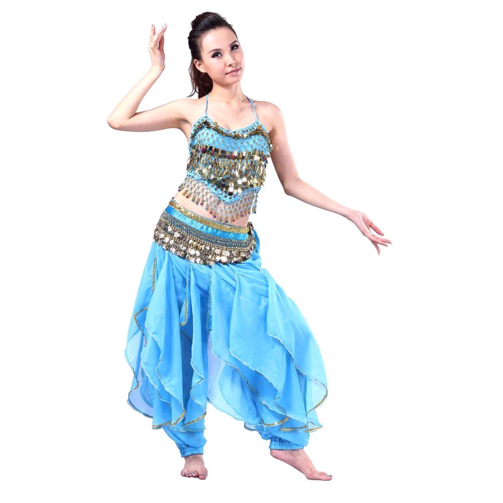 New Belly Dance Costume Set Top Tribal Gold Wavy Harem Pants Skirt