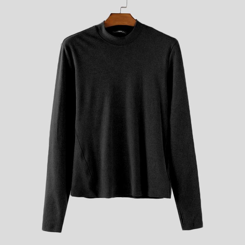 

INCERUN Весенние мужские футболки с высоким воротником, длинным рукавом, облегающего кроя, топы, майки L чёрный