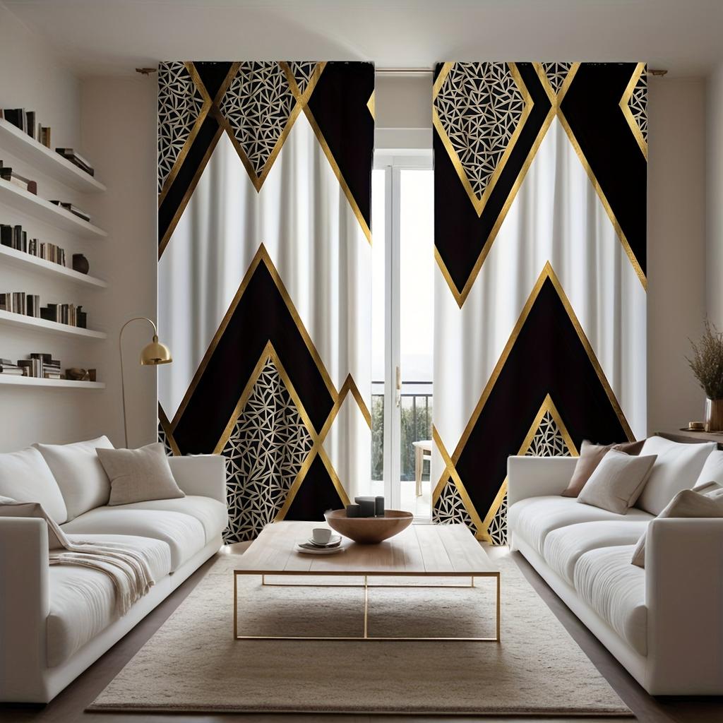 Black Gold Geometric Curtains Hd Print Polyester Pocket Rod Living Room Bedroom Curtain Light Filtering For Area Made Of Machine Washable