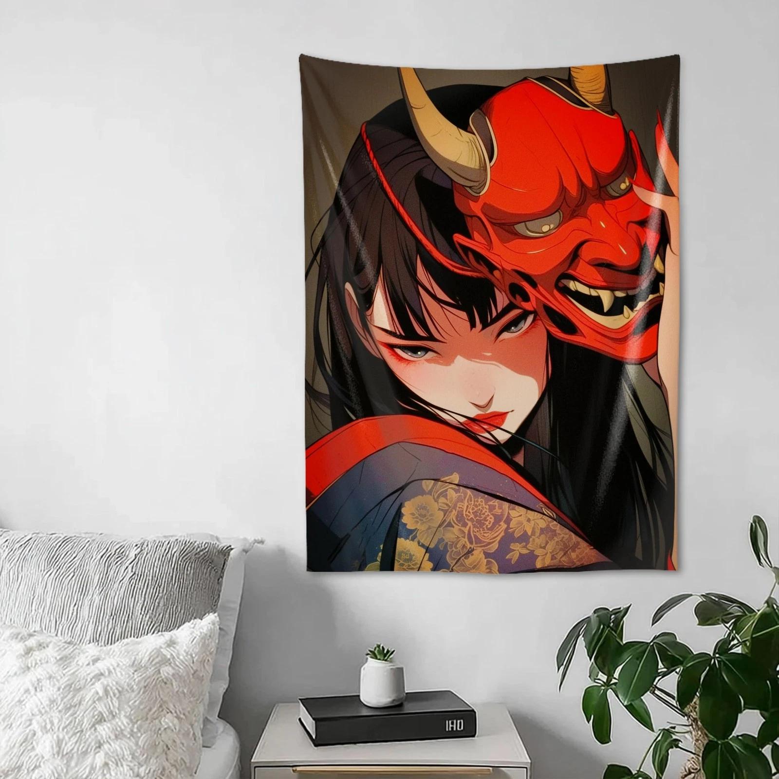 Japanese Female Samurai Anime Tapestry Cool Warrior Girl Wall Hanging HD Flat Print Polyester Art for Bedroom Living Room Dorm 74x94cm(29x37in)