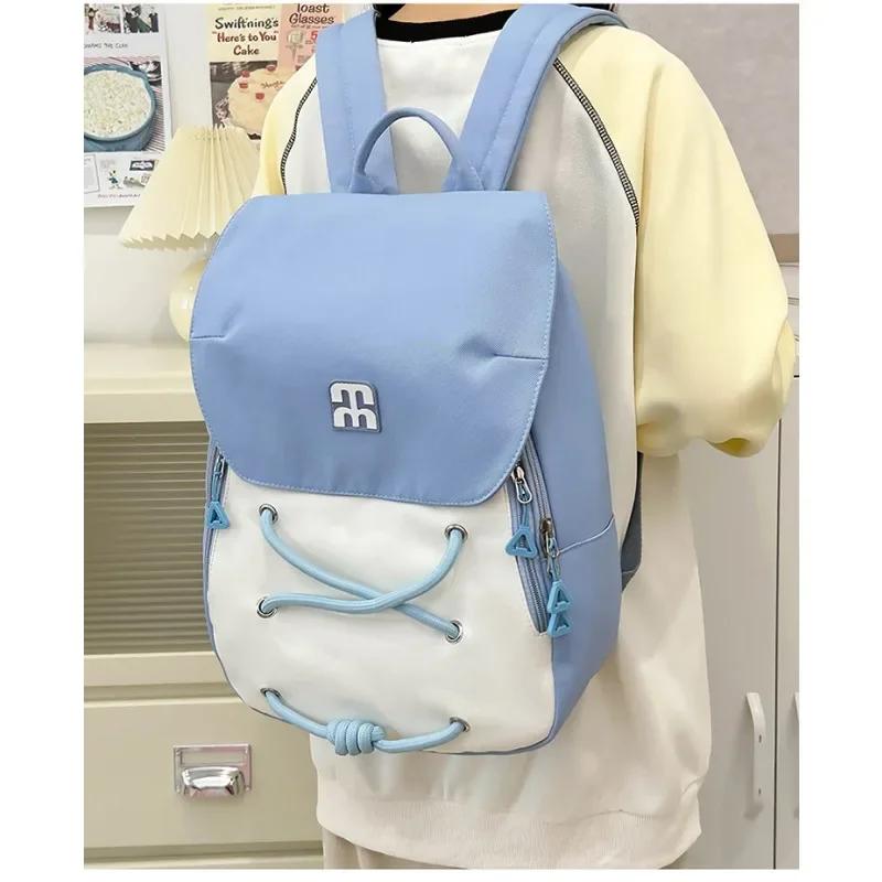 High Capacity Nylon School Bag Color Matching Cross Rope Decoration Sewing Backpack for Girls and Boys