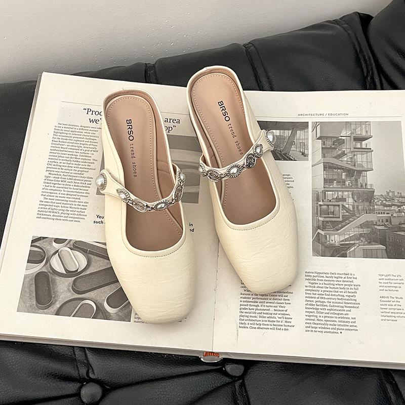 

French small fragrant pearl with bag head half slippers women s 2025 summer new versatile Mary Jane shoes sandals 40 бежевый