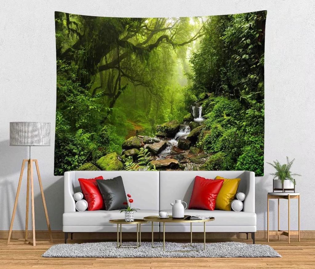 Grüner Wald Wandteppich Kulisse Kleiner Wasserfall Wandteppich Naturlandschaft Fluss Bach Wandbehang Waldlandschaft Wandteppich