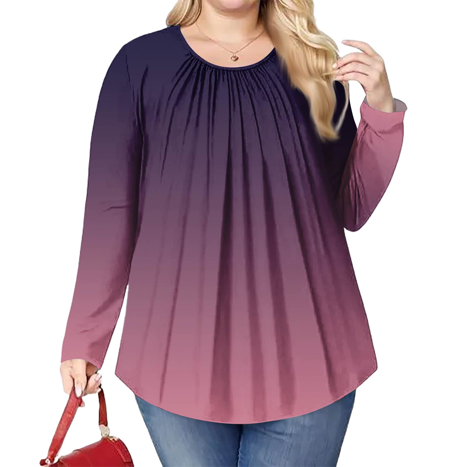 

Женский модный топ большого размера с принтом, повседневный плиссированный, с круглым вырезом и длинными рукавами XL